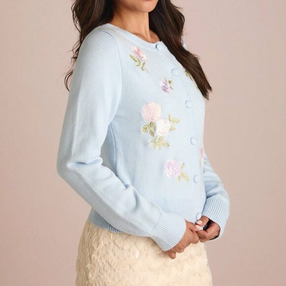 Baby Blue Romantic Women's Floral Embroidered Long Sleeve Knit Cardigan - Picture 7 of 7